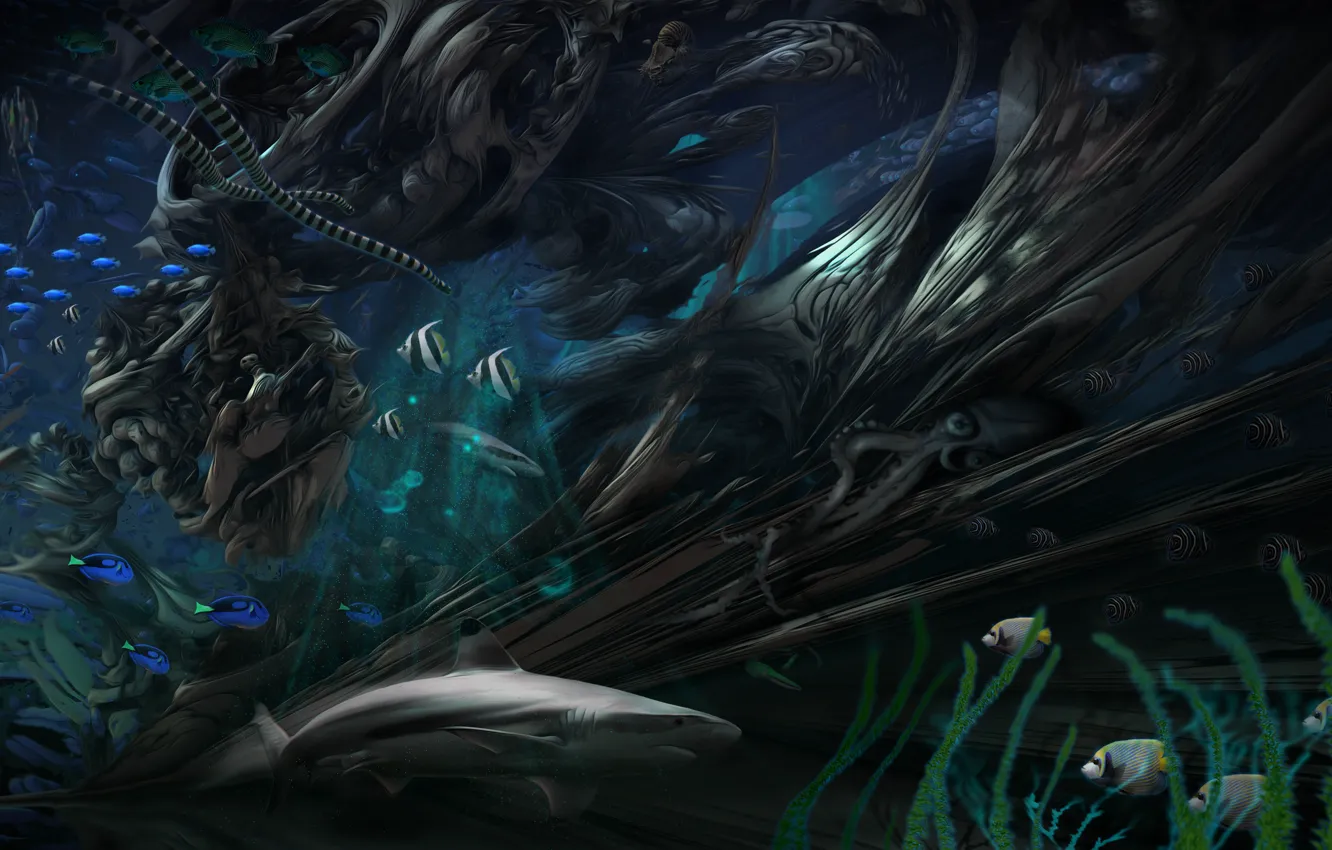 Photo wallpaper algae, snake, fish, shark, octopus, turbulence