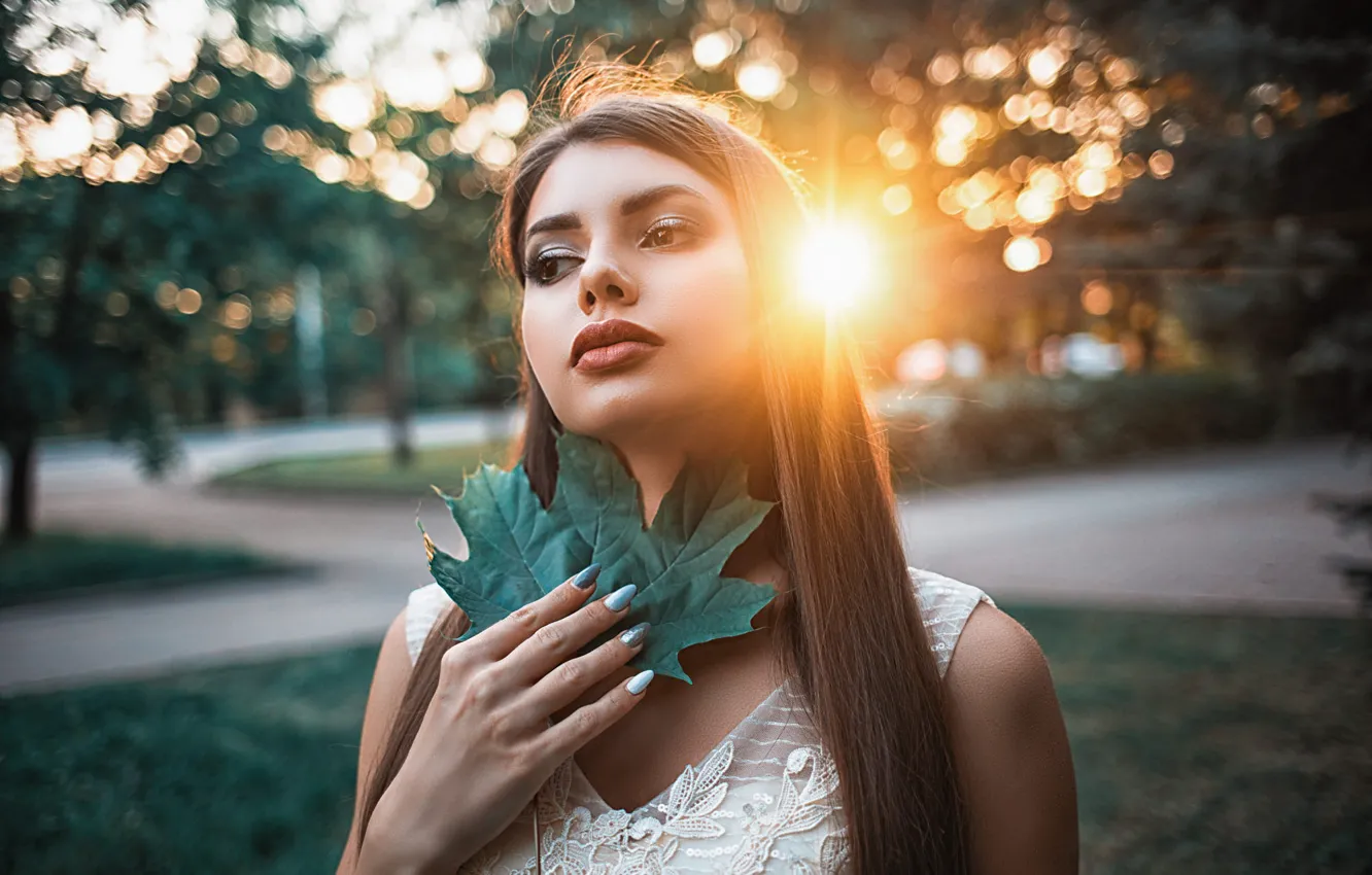 Photo wallpaper look, leaves, girl, the sun, sunset, nature, Park, makeup