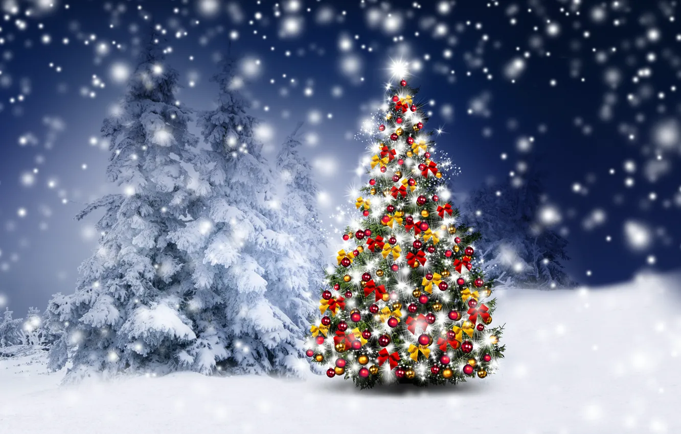 Photo wallpaper winter, snow, decoration, snowflakes, balls, tree, New Year, Christmas