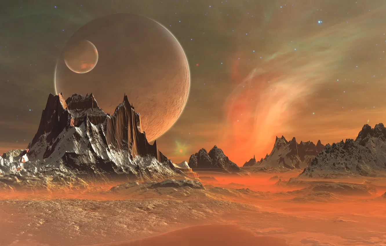 Photo wallpaper sand, space, stars, rocks, planet, fantastic landscape, another palnet, fantastic landscape
