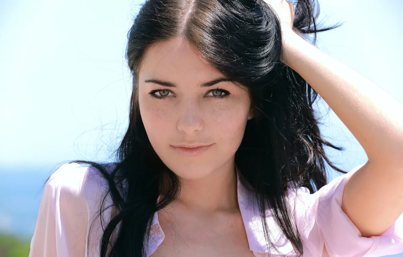 Photo wallpaper look, girl, smile, brunette, gray-eyed