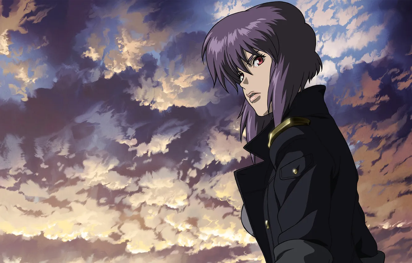 Photo wallpaper the sky, girl, clouds, red eyes, Ghost in the shell, coat, Ghost in the Shell, …