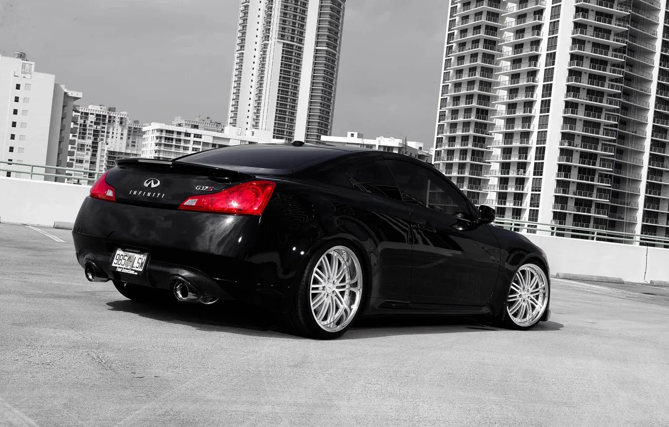Photo wallpaper black, skyscrapers, Infiniti, Parking, black, infiniti, the rear part, G-Series