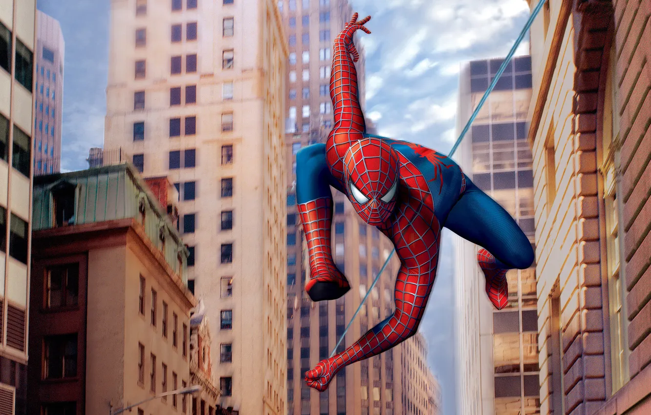 Photo wallpaper flight, movie, Spiderman, building, web, spider, Spiderman, Parker