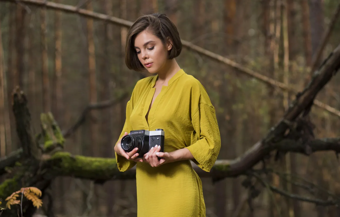 Photo wallpaper dress, brunette, Dakota A, wearing, from-Met-Art, In Forest