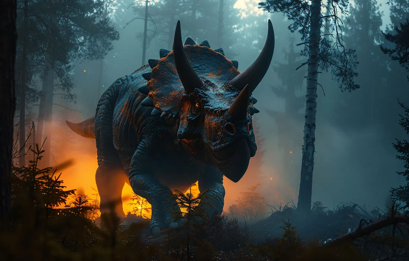 Photo wallpaper trees, lights, animal, dinosaur, horns, Triceratops, digital art, Triceratops