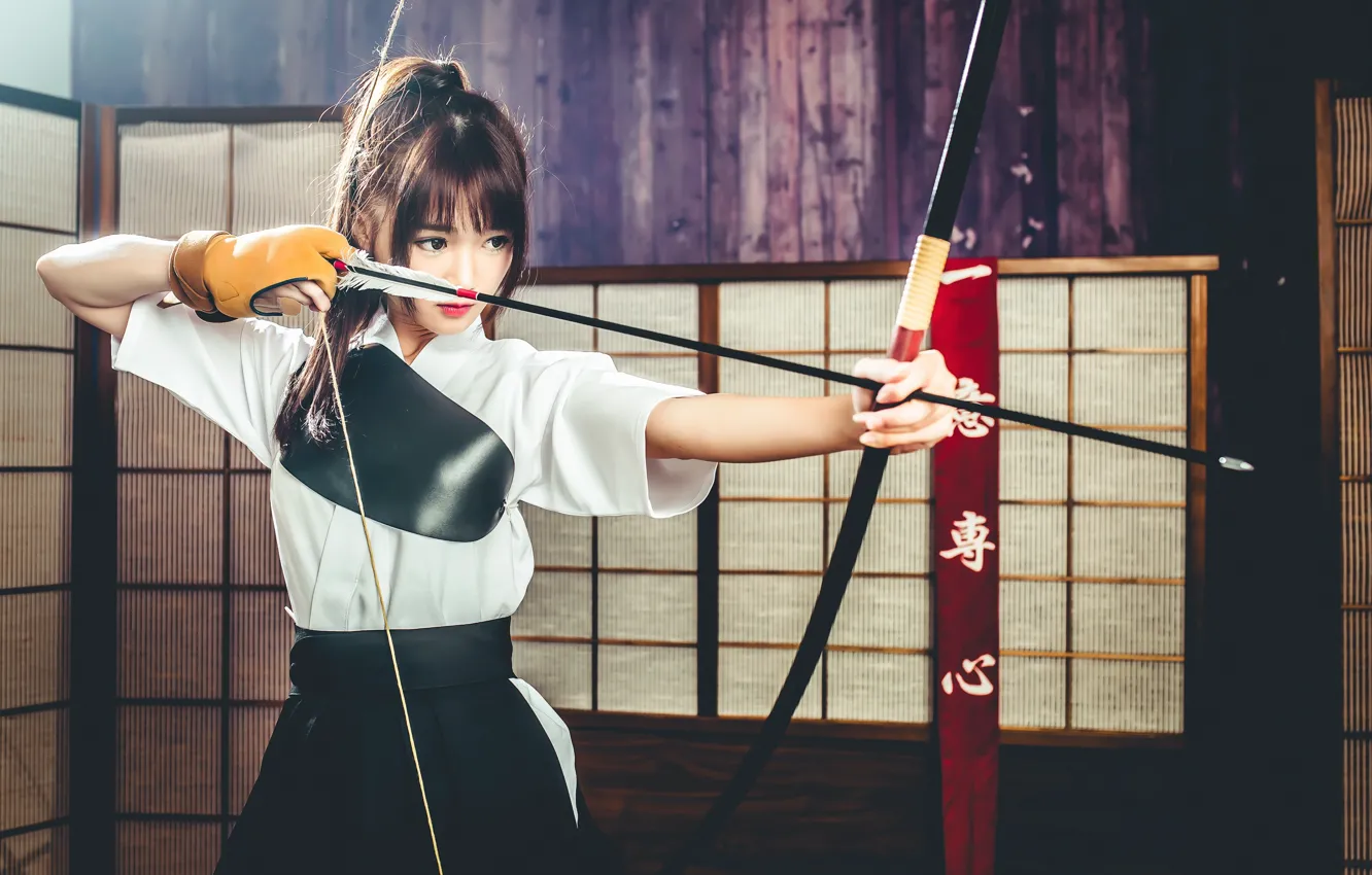Photo wallpaper look, girl, goal, bow, arrow, Asian
