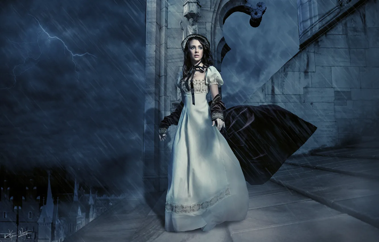 Photo wallpaper the storm, girl, night, anxious and attentive gaze, porch of the castle