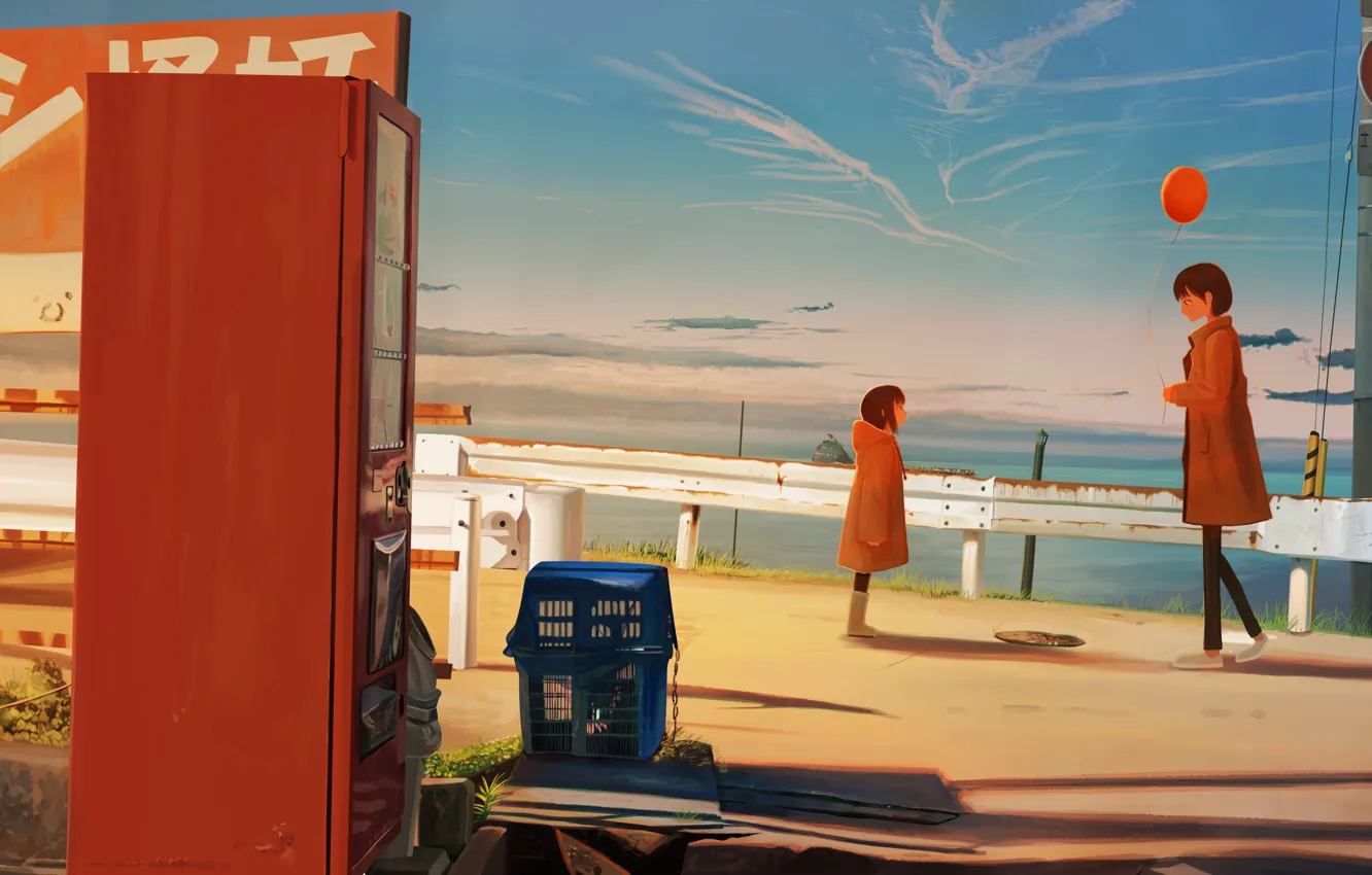 Photo wallpaper sea, mom, a balloon, daughter