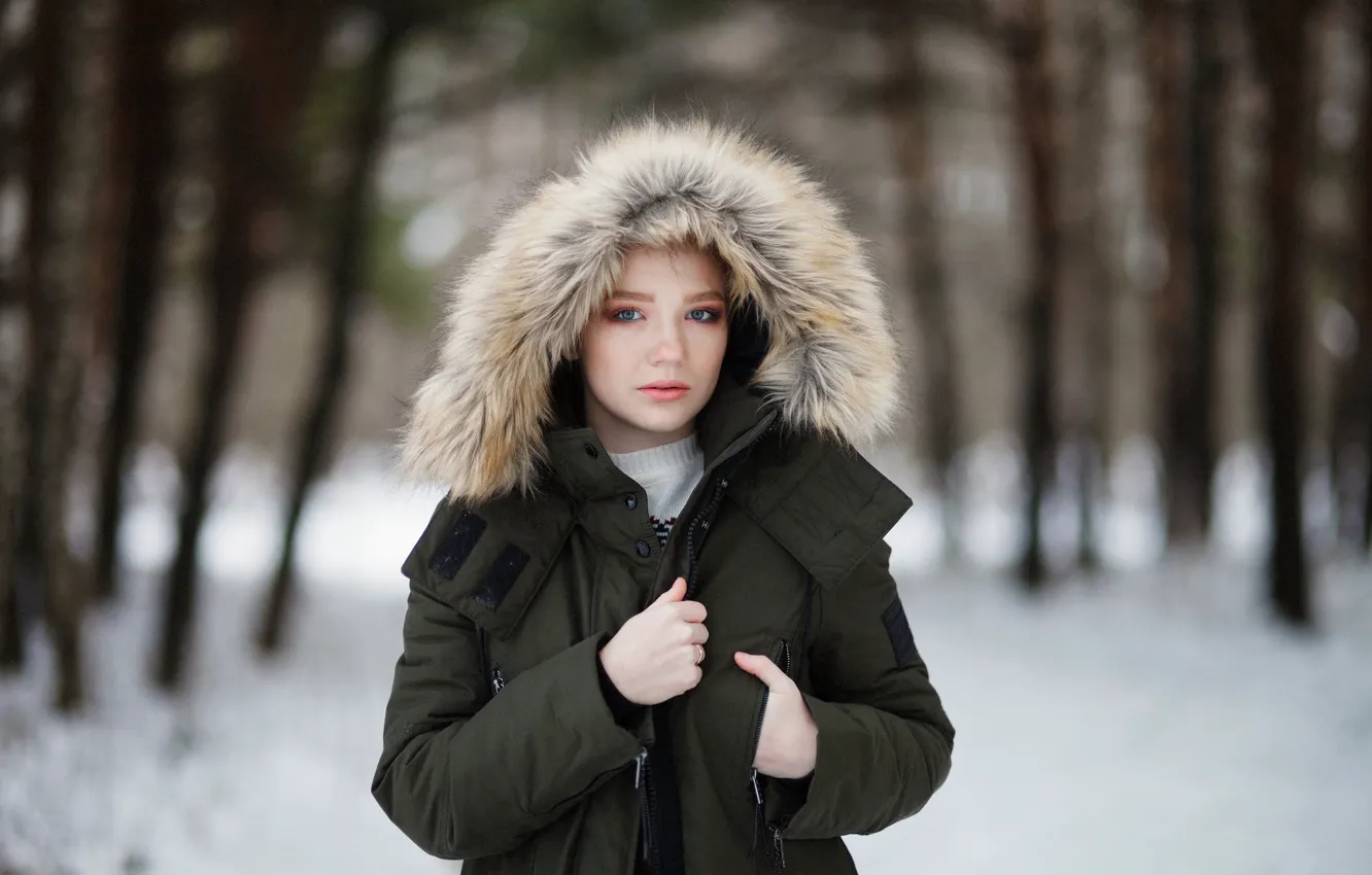 Photo wallpaper girl, forest, winter, snow, jacket, Sight