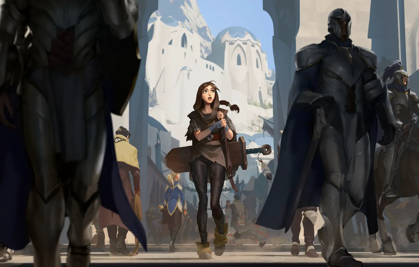 Photo wallpaper city, Girl, sword, fantasy, soldiers, armor, weapon, street