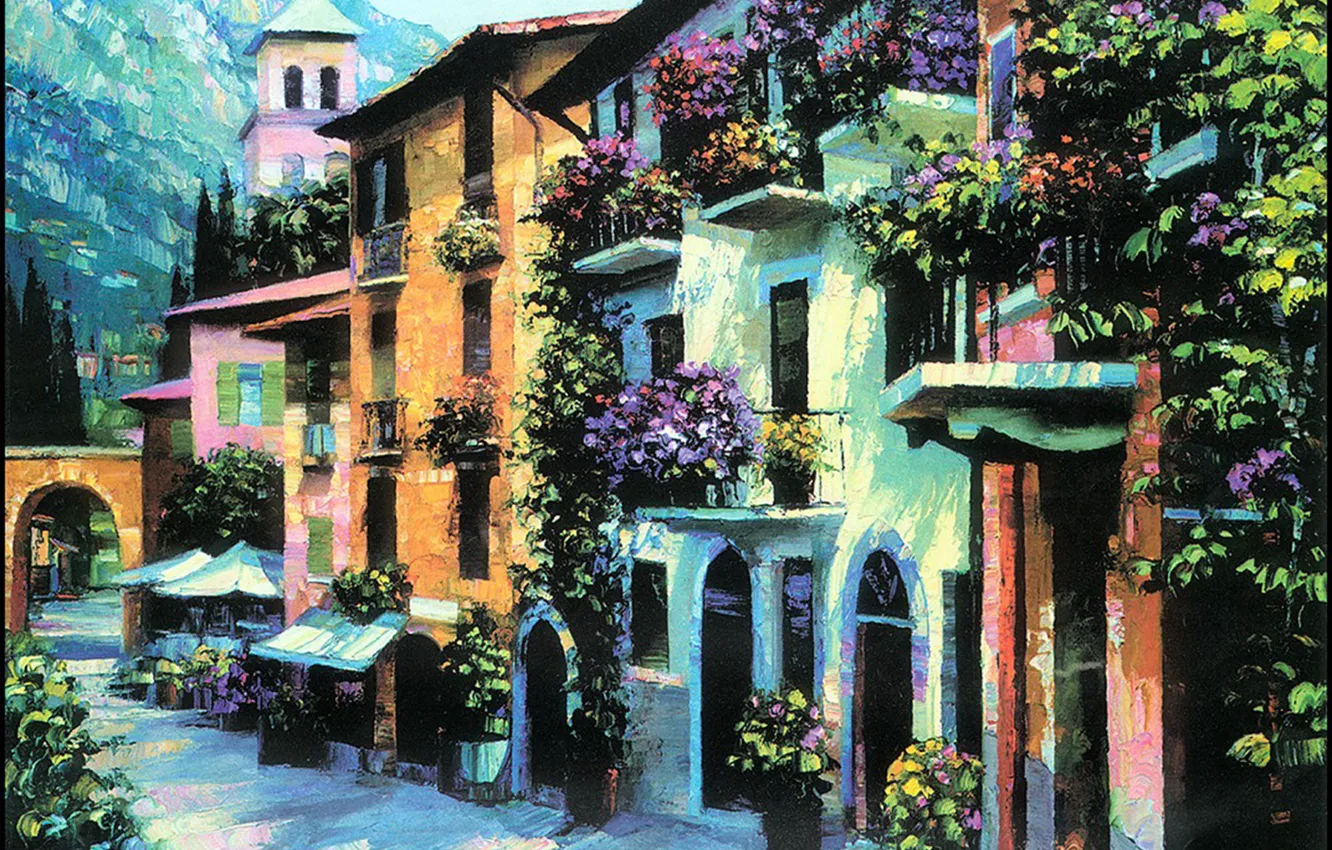 Photo wallpaper flowers, mountains, picture, balcony, town, street