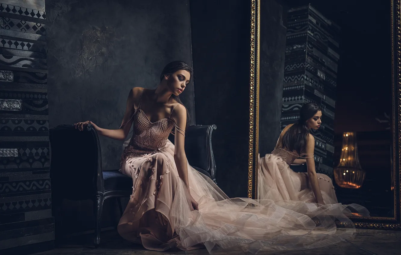 Photo wallpaper girl, pose, room, dress, mirror, lips, beauty, Ivan Slavov