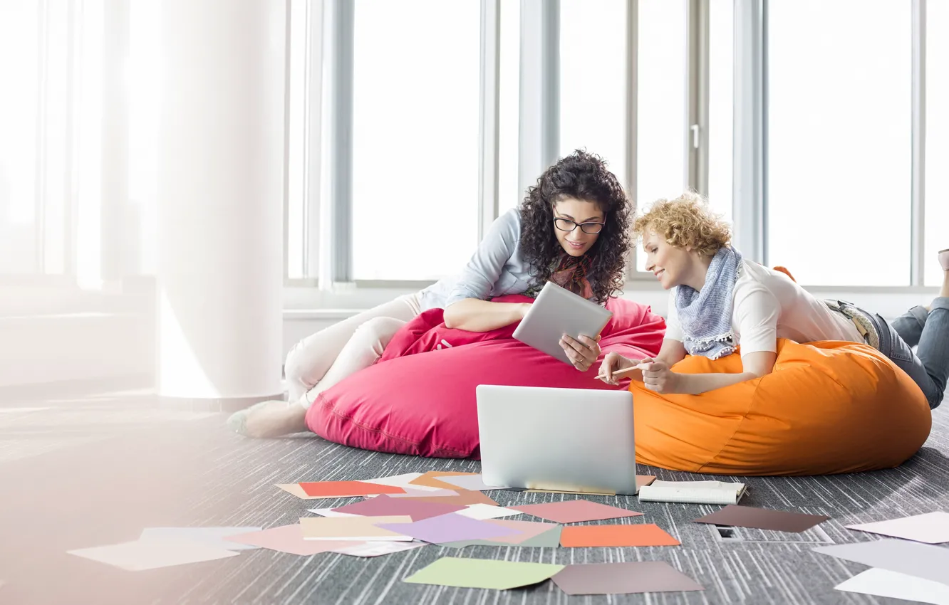 Photo wallpaper girl, pose, paper, room, two, pencils, brunette, window
