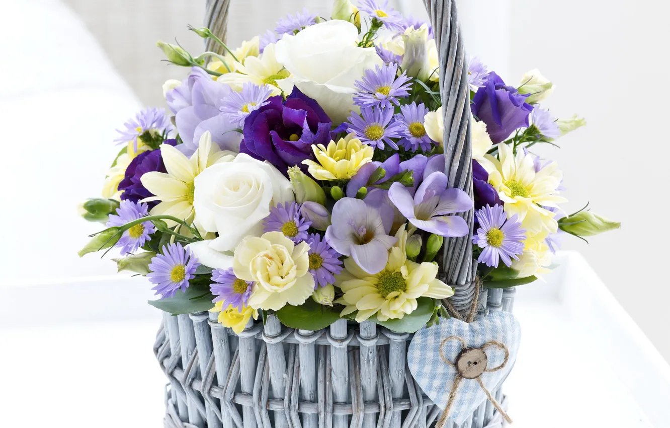 Photo wallpaper basket, rose, chrysanthemum, eustoma, freesia