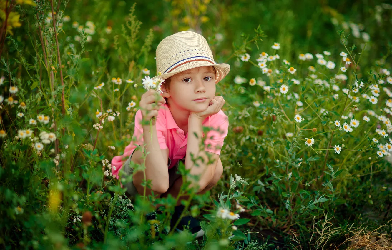 Photo wallpaper flowers, glade, hat, boy