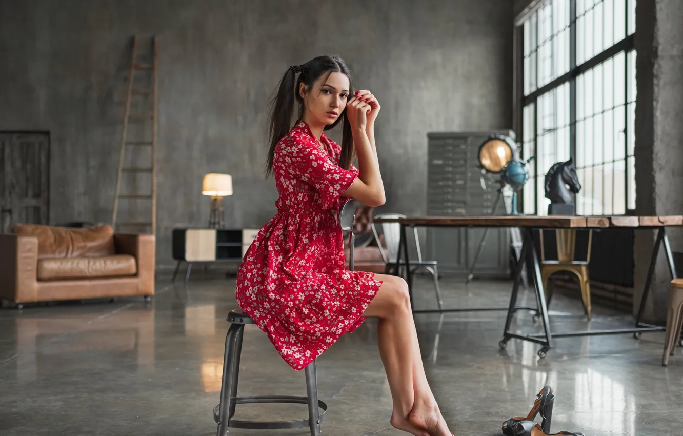 Photo wallpaper girl, pose, table, room, dress, window, sitting, Maria Voloh