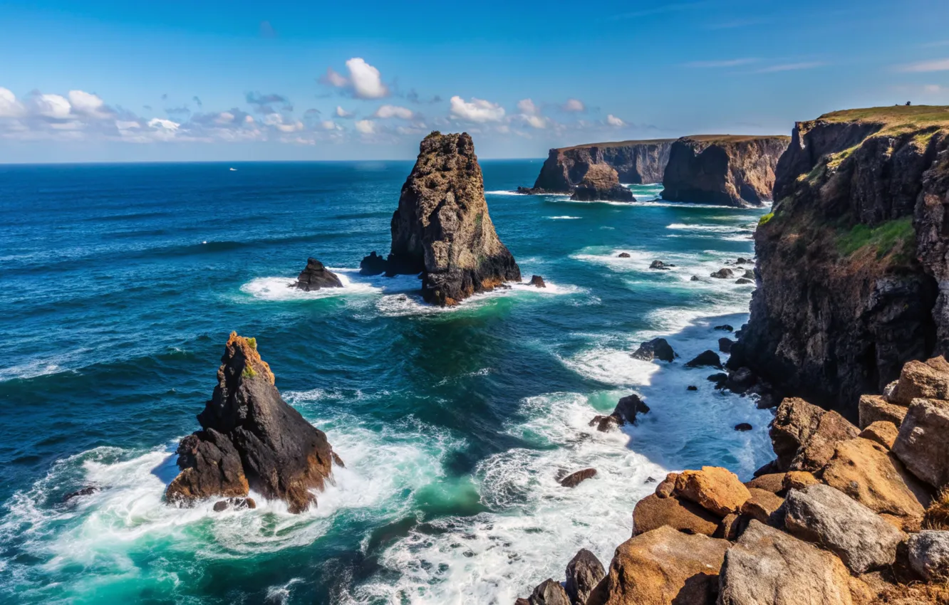 Photo wallpaper sea, wave, clouds, rocks, shore, waves, sea, ocean