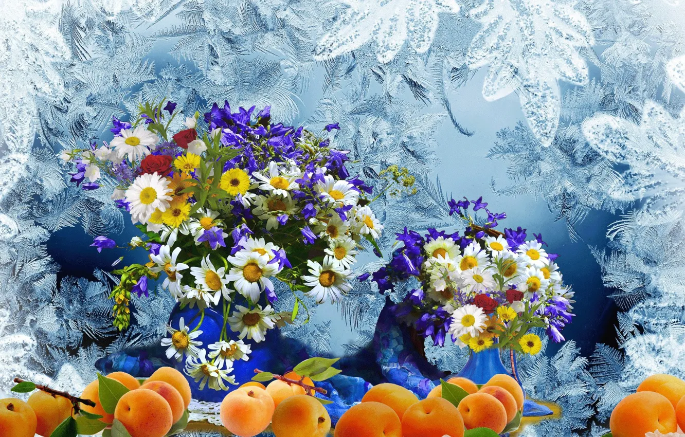 Photo wallpaper frost, bouquet, Chamomile, fruit, peaches, Still life