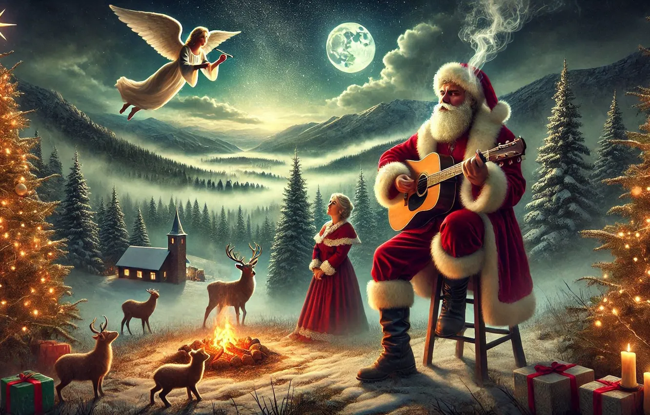 Photo wallpaper night, nature, the moon, tree, guitar, angel, deer, the fire