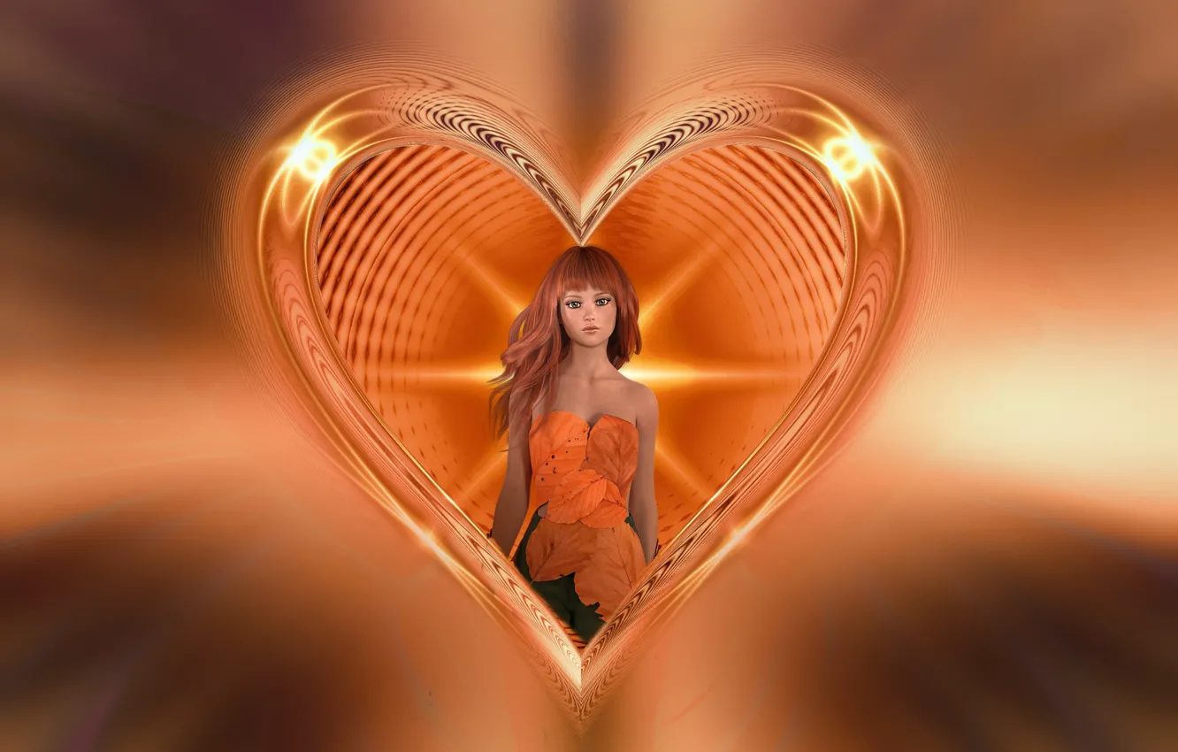 Photo wallpaper autumn, girl, light, love, lights, lights, rendering, heart