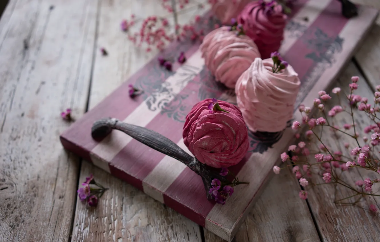 Photo wallpaper flowers, Board, food, sweets, SEFI