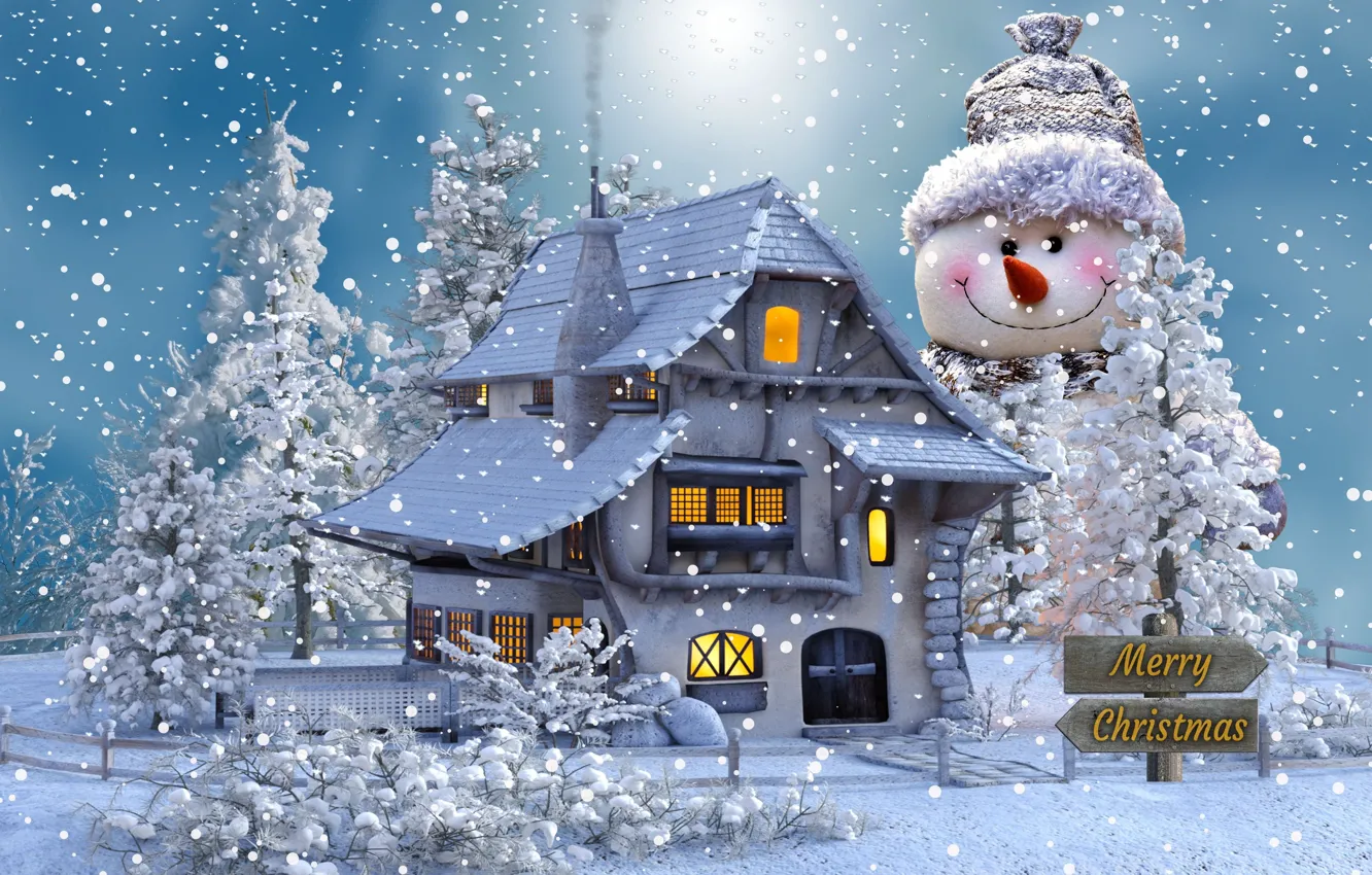 Photo wallpaper winter, snow, trees, Christmas, snowman, Christmas motif