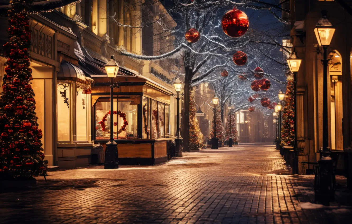 Photo wallpaper winter, snow, decoration, night, the city, lights, street, tree