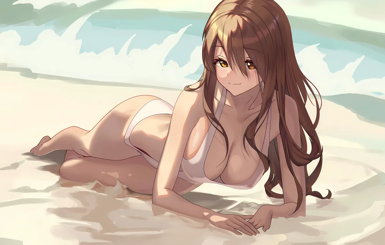 Photo wallpaper girl, sexy, cleavage, beach, long hair, legs, sea, brown hair