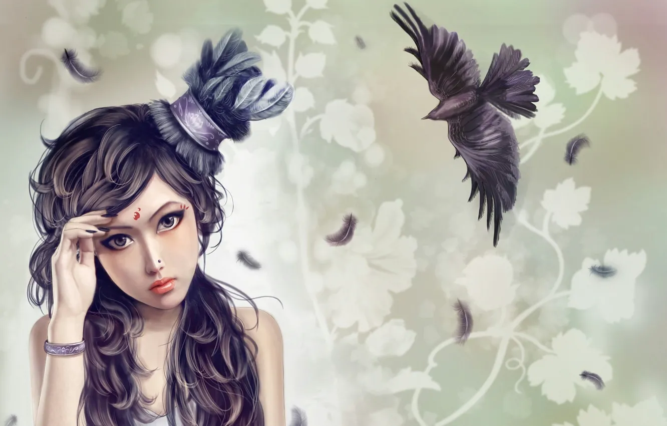 Photo wallpaper girl, bird, pattern, feathers, piercing, tattoo, art, bracelet