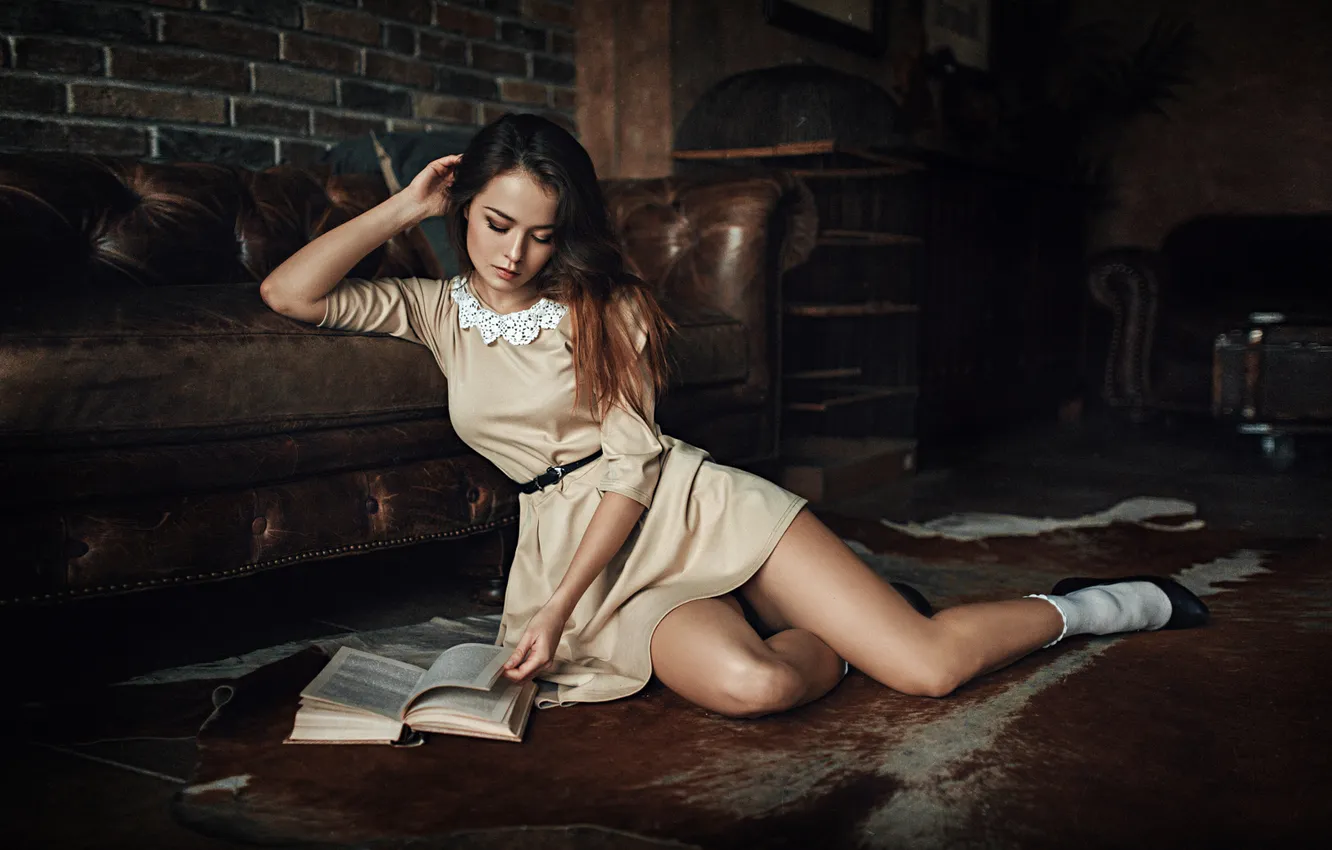 Photo wallpaper Girl, Look, Book, Model, Lips, Room, Hair, Legs