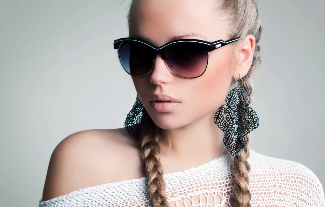 Photo wallpaper girl, background, model, earrings, glasses, blonde, braids
