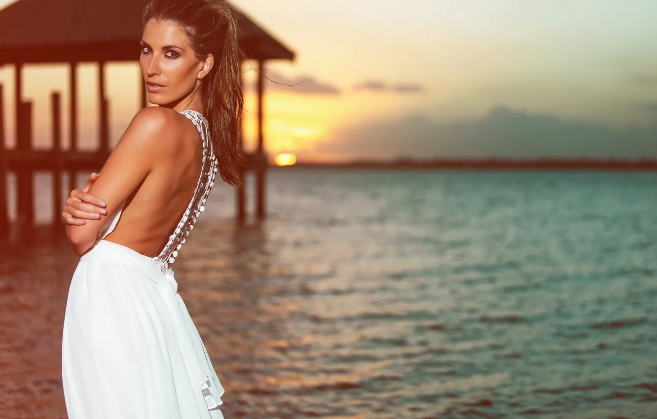 Photo wallpaper sea, water, girl, sunset