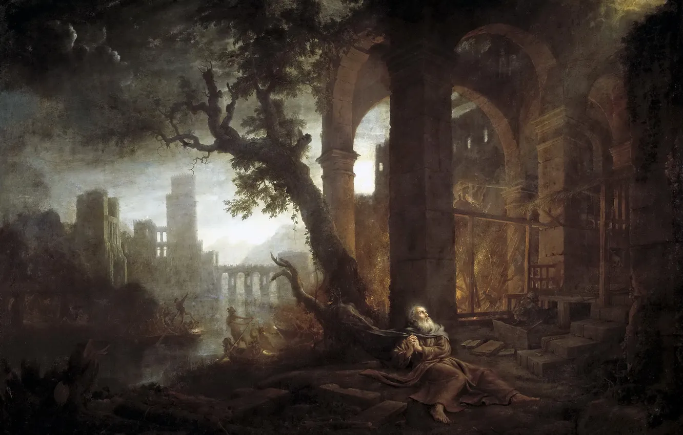 Photo wallpaper picture, mythology, Claude Lorrain, Landscape with the Temptation of His Anthony