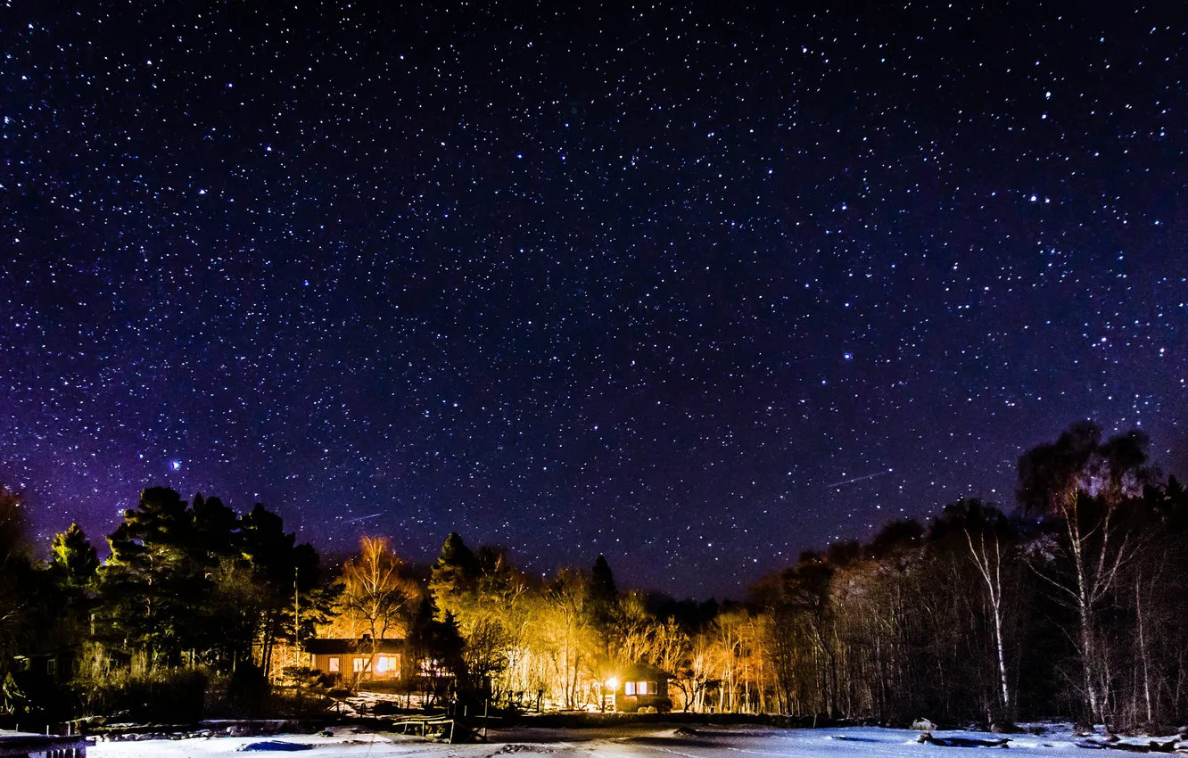 Photo wallpaper winter, the sky, stars, trees, night, home, lighting