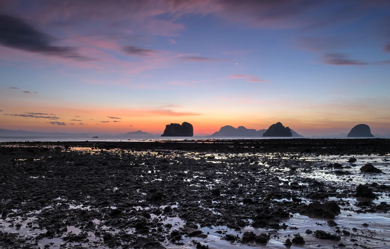 Photo wallpaper sea, landscape, sunset, rocks