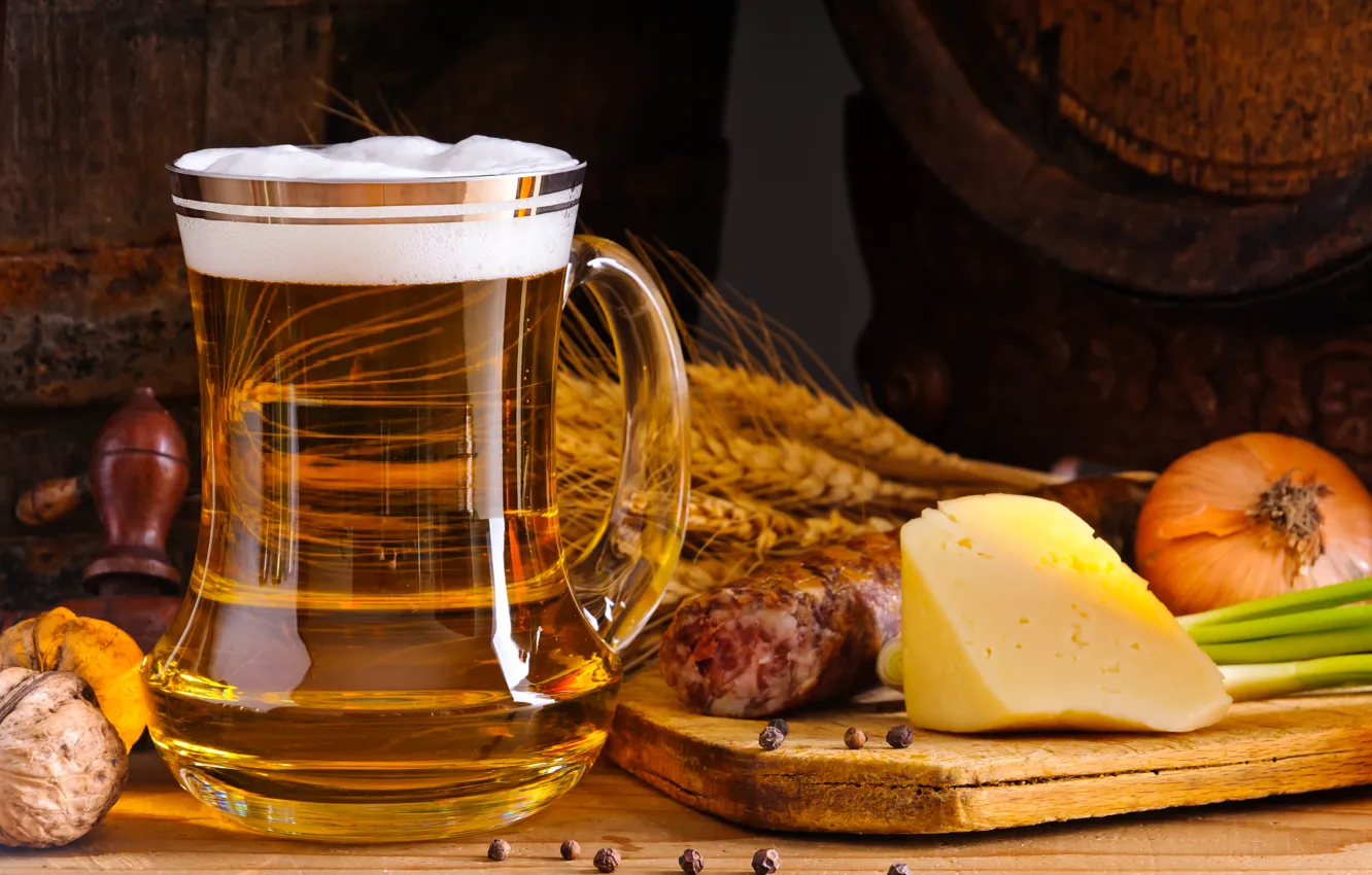 Photo wallpaper wheat, beer, cheese, bow, sausage, spices, Cheese, sausage