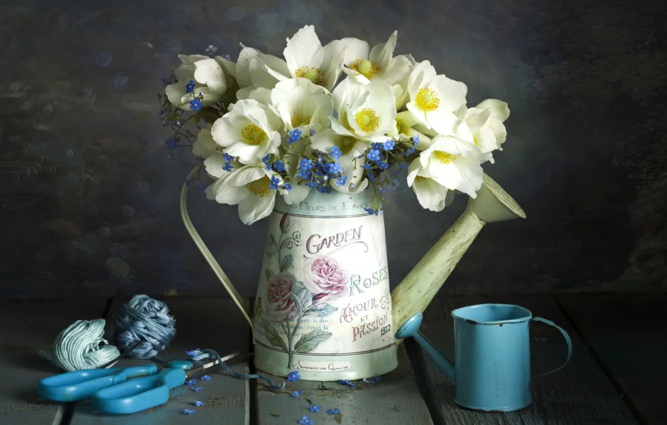 Photo wallpaper bouquet, lake, thread, forget-me-nots, anemones