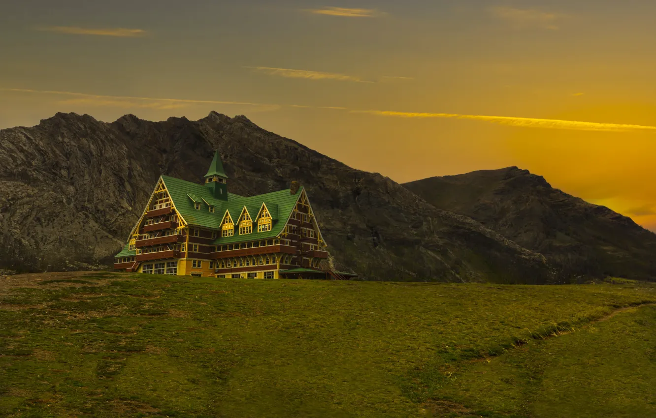 Photo wallpaper field, sunset, mountains, hills, tops, home, the evening, unusual