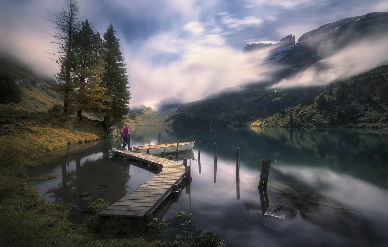 Photo wallpaper autumn, forest, the sky, girl, clouds, mountains, fog, lake