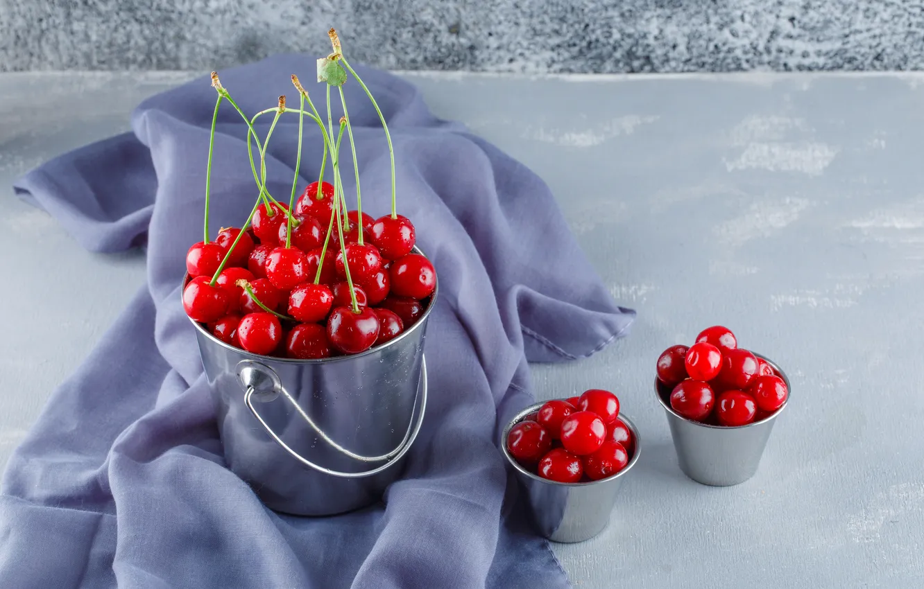Photo wallpaper metal, cherry, berries, harvest, fabric, grey background, cherry, bucket