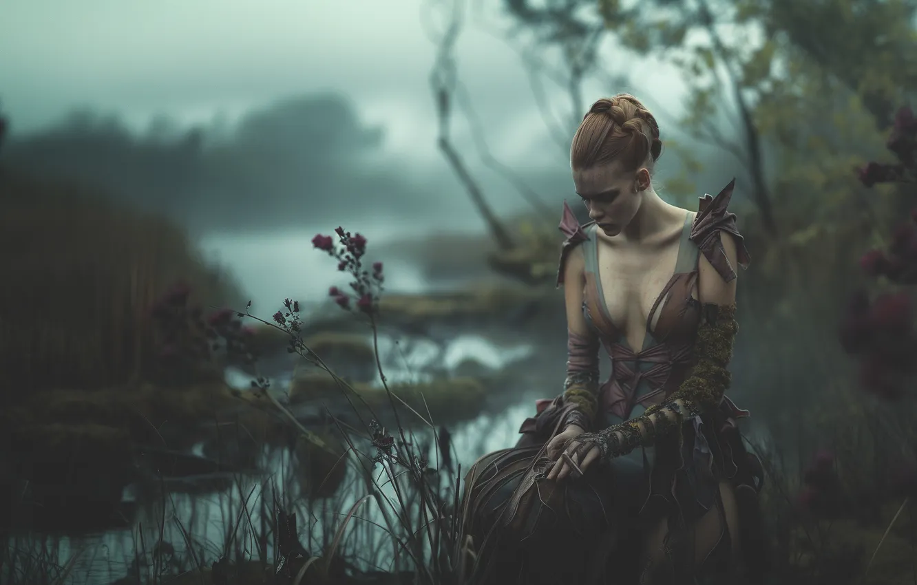Photo wallpaper chest, girl, branches, nature, pose, fog, shore, morning