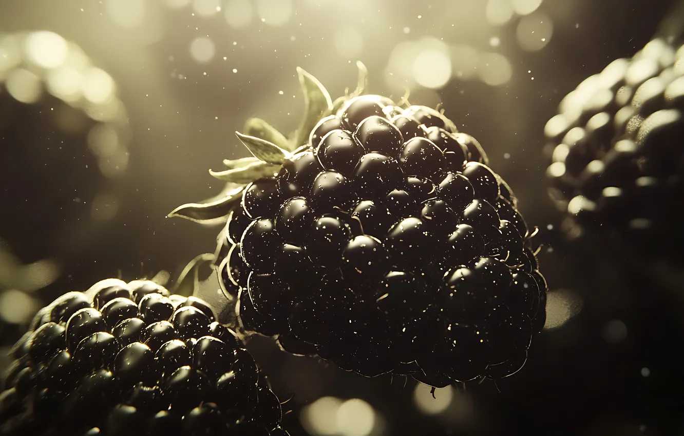 Photo wallpaper water, macro, light, berries, in the water, BlackBerry, bokeh, AI art