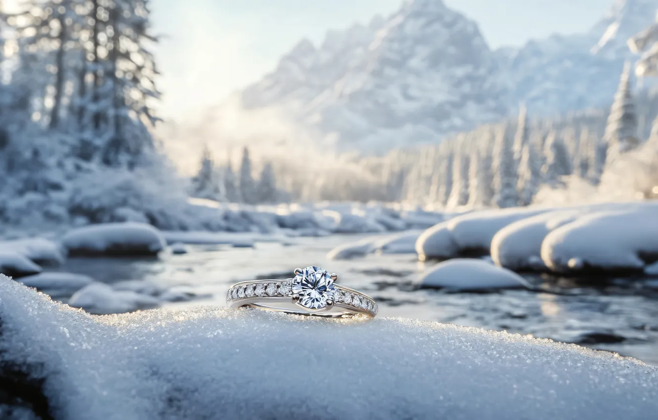 Photo wallpaper winter, forest, snow, mountains, ring, the snow, pond, AI art