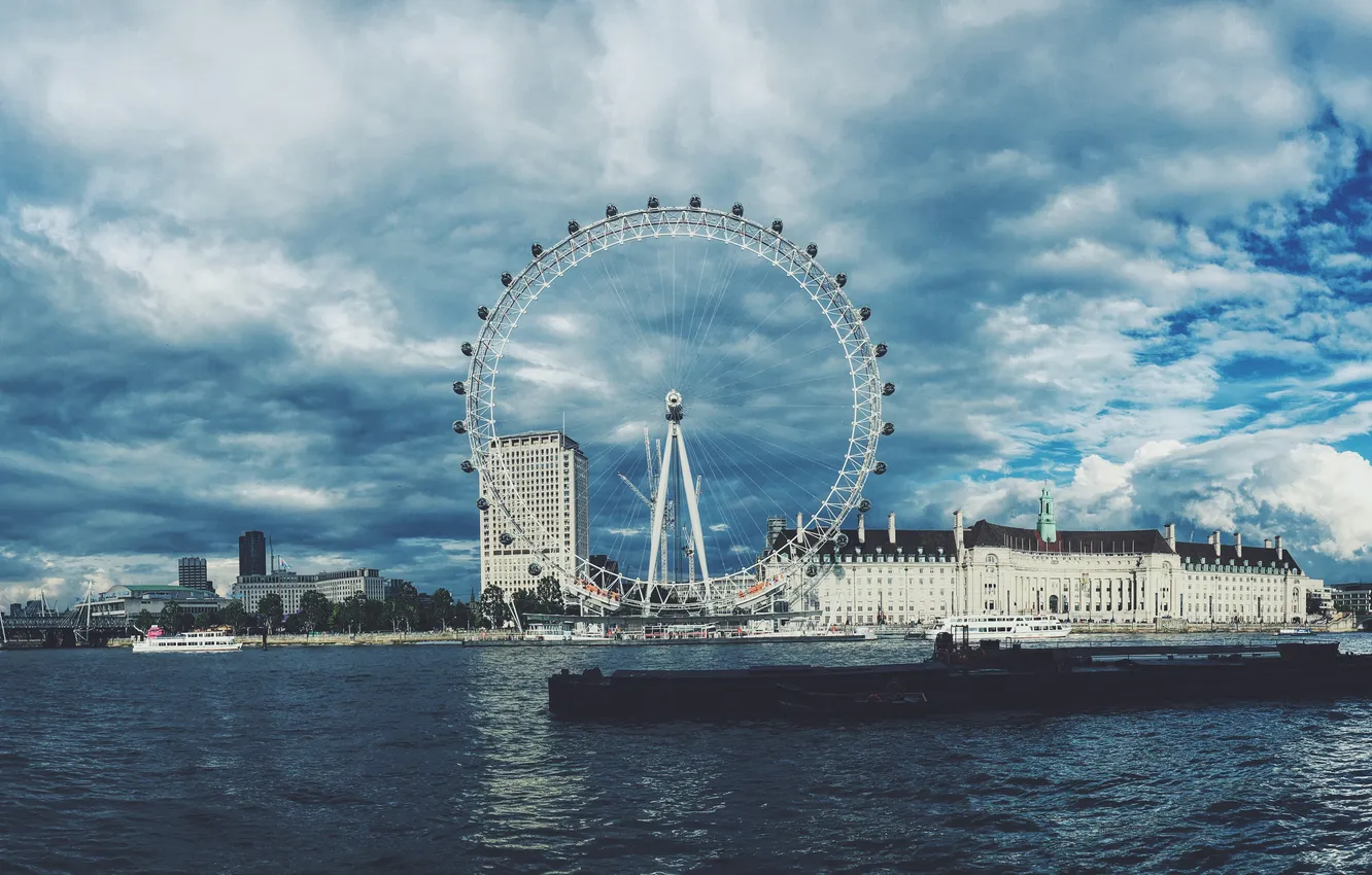 Photo wallpaper the sky, clouds, building, Ferris wheel, the urban landscape, water channel