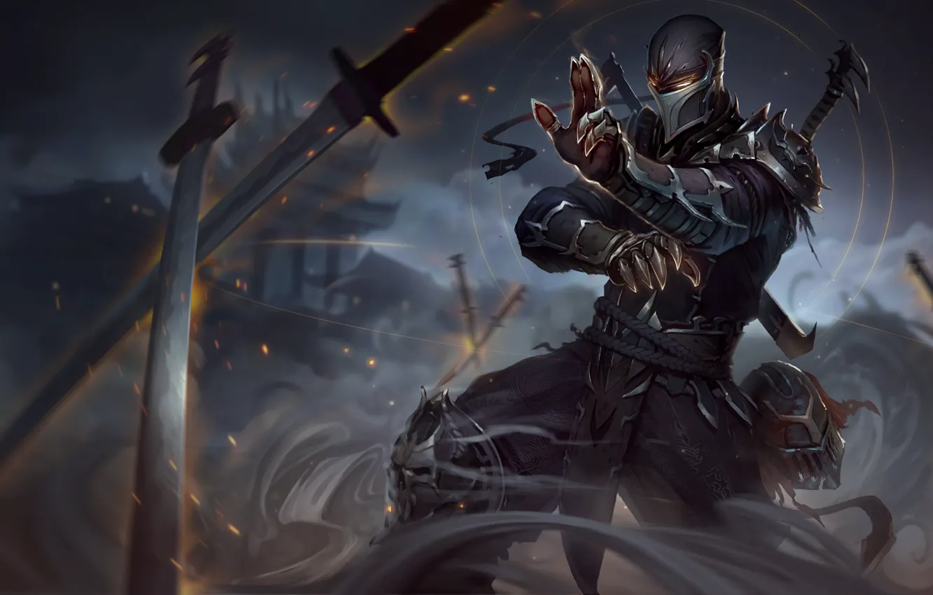 Photo wallpaper smoke, figure, sword, armor, leather, mask, art, helmet