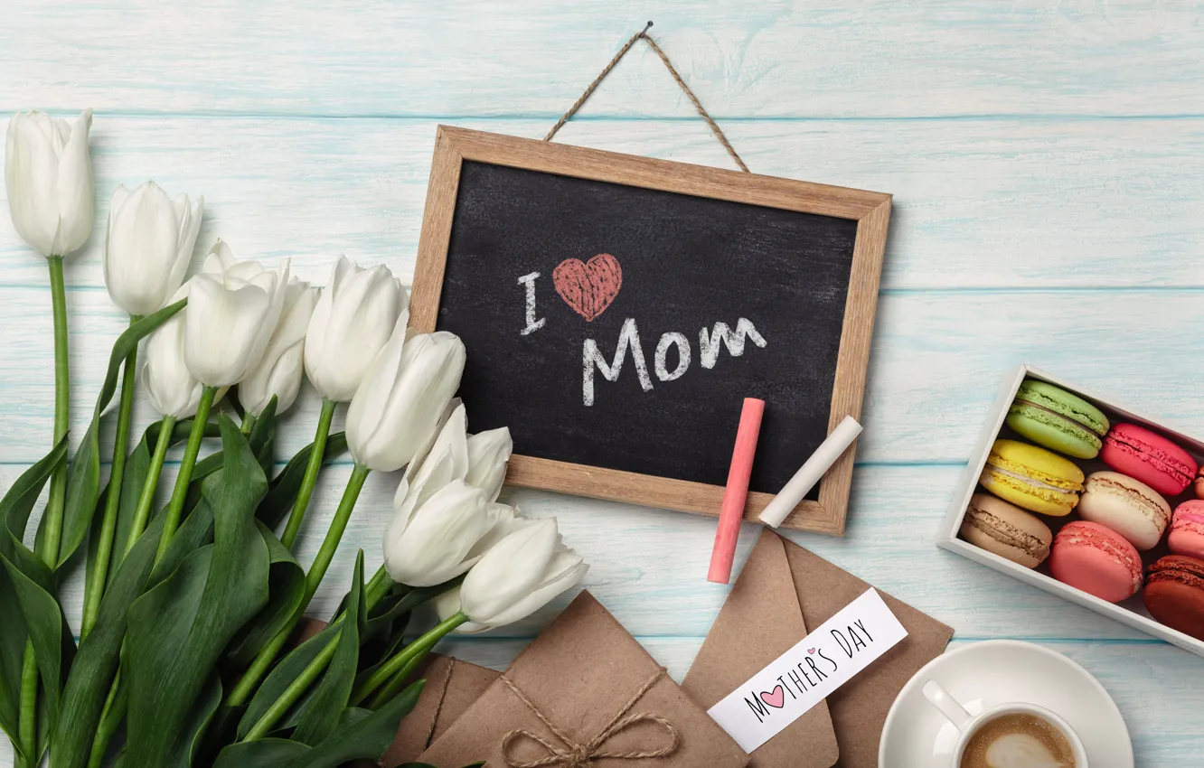 Photo wallpaper gift, the inscription, bouquet, macaron, Mother's day