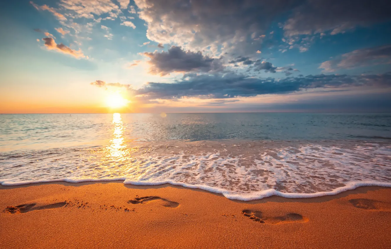 Photo wallpaper sand, sea, beach, traces, shore