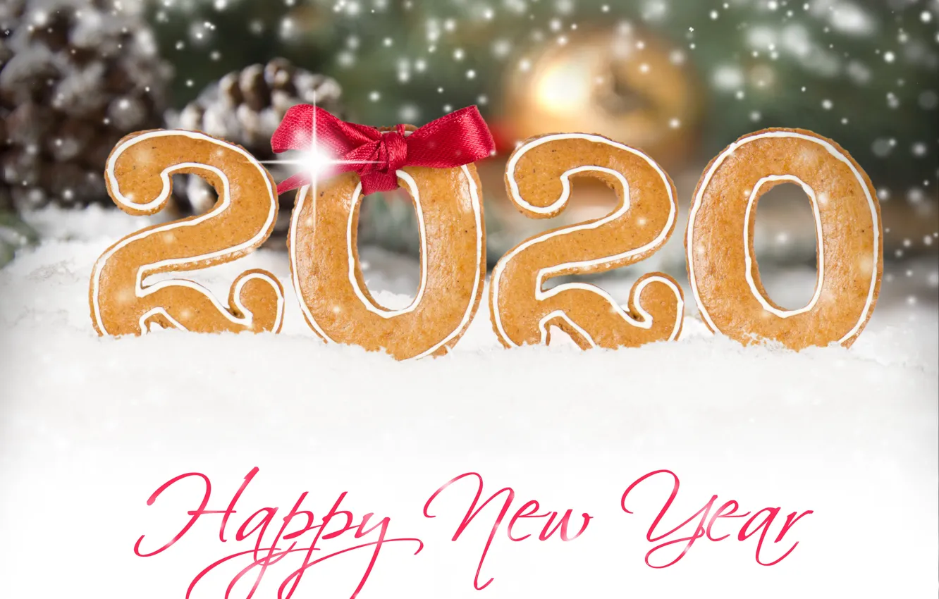 Photo wallpaper photo, Snow, New year, The inscription, Bow, Cookies