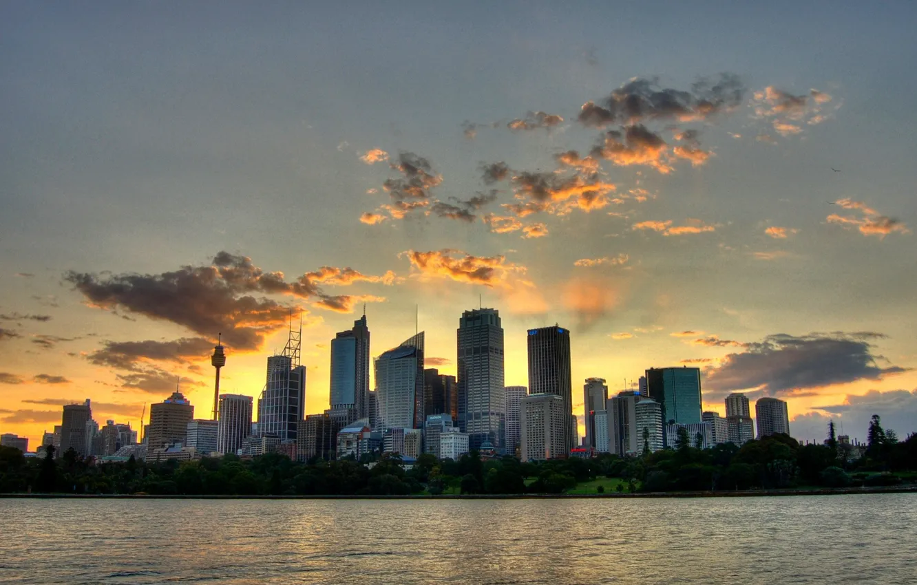 Photo wallpaper clouds, dawn, skyscrapers